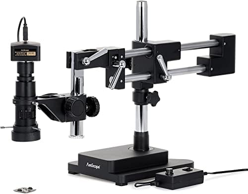 AMSCOPE-Microscópio de inspeção de zoom de 0,7x-5x em suporte de boom de braço duplo com luz do anel LED no braço articulado + 5mp USB 2.0 Câmera de microscópio CMOS CMOS CMOS-H800-DAB-96S-5M