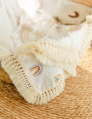 Chungel Cotton Baby Muslin Tassles 40 x 47, bebê recebendo cobertor com franja, manta de swaddle de musselina boho com franja - arco -íris