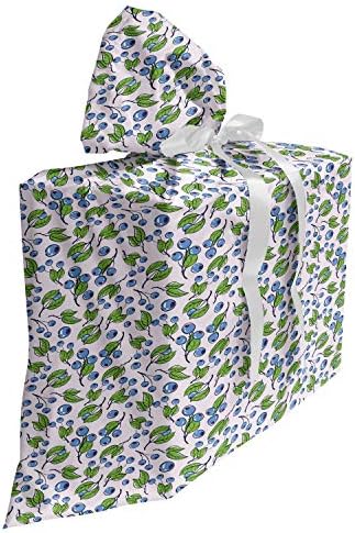 Bagas lunaráveis ​​Bolsa de presente de tecido, layout de estilo de desenho animado de mirtilos e folhas florescendo em galhos,