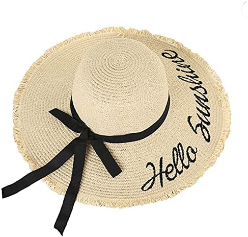 Chapéus de praia ukkd feminino tecelão de letra solar chapéus de sol para mulheres pretas fita de fita up grande chapéu de palha grande