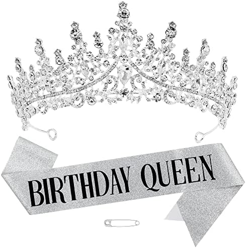 Aniversário Sash Annody Queen Crown Crystal Birthday Tiara for Women Glitter Sash Crowns for Girls Rhinestones Band Party Party Birthday Decoration Conjunto