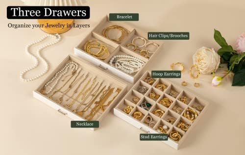 Caixas de jóias pabbeu para mulheres Organizador de caixa de jóias verdes de 4 camadas com espelho e trava 3 gavetas Organizador