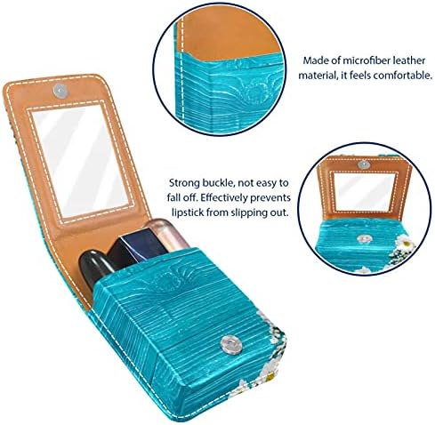 Caixa de batom com espelho de madeira azul com fowers lip brighsher portátil batom caixa de armazenamento box de maquiagem de maquiagem Mini bolsa cosmética de couro segura 3 batom de batom