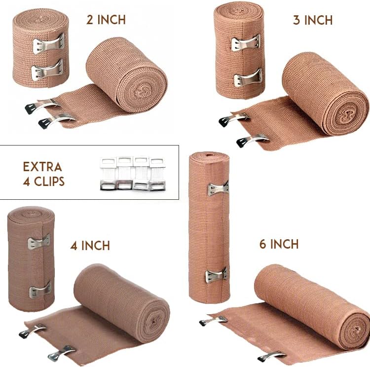 Rolo de compressão Elastic Bandage Wrap - 4 rolos de embalagem + 4 clipes extras | 4 tamanho diferente, curativo elástico
