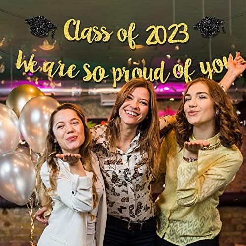 2023 Banner de graduação, suprimentos de glitter de formatura, turma de banner 2023, decorações de graduação em ouro preto, parabéns Glitter Banner, Parabéns suprimentos de graduação, sinal da festa de formatura