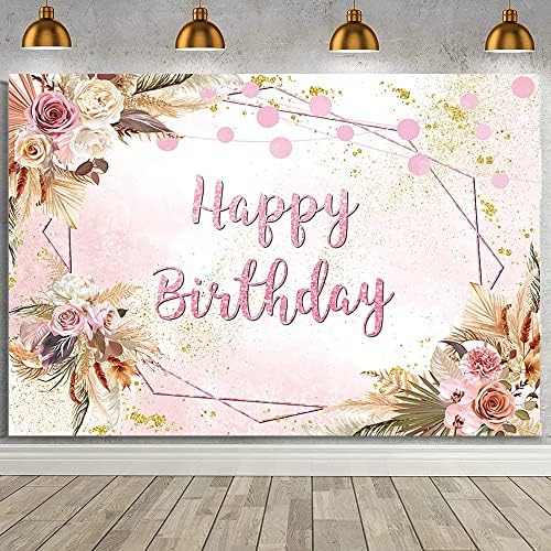 Aibiin 7x5ft boho feliz aniversário cenário para mulheres rosa ouro boêmio pampas grama boho photo background rosa floral