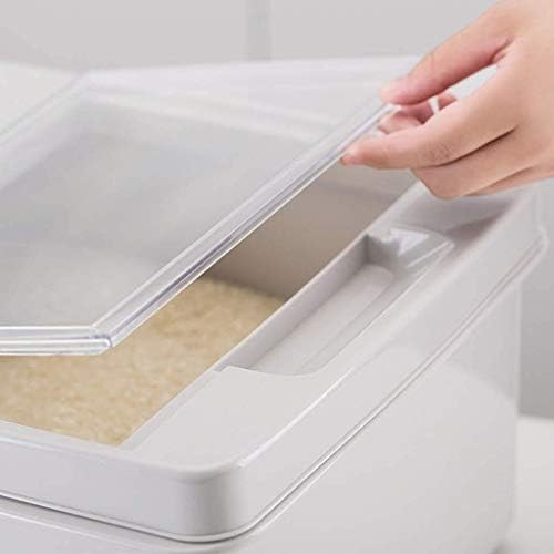 Descobrador de cereais Bucket de arroz de plástico, caixa de armazenamento de arroz de 10 kg, design de capa de flip, recipiente de cereal, cilindro de arroz doméstico hermético, recipiente de cereal branco
