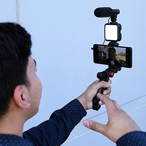 Kit de vlogging móvel selvagem com microfone, luz de LED, suporte para telefone e suporte de mão/comprimido para vloggers e youtubers