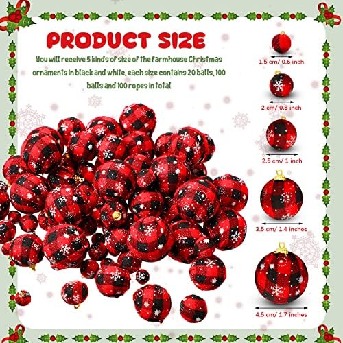 BBTO 100 PCS Bolas de Natal Ornamentos xadrez de búfalo Tree Ball Snowflake Verifique o tecido embrulhado decorativo com corda