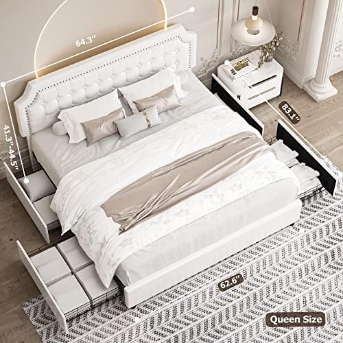 Quadro da cama queen com armazenamento e cabeceira ajustável, estrutura da cama com 4 gavetas e suporte de ripas de madeira, sem mola de caixa necessária, sem ruído, PU, ​​branco