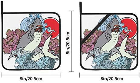 Tatto de tubarão japonês Peony Flower Heat Tapete de calor Pote de panela com bolso 2 PCS Pote com bolso 8 × 8 polegadas para cozinhar e assar