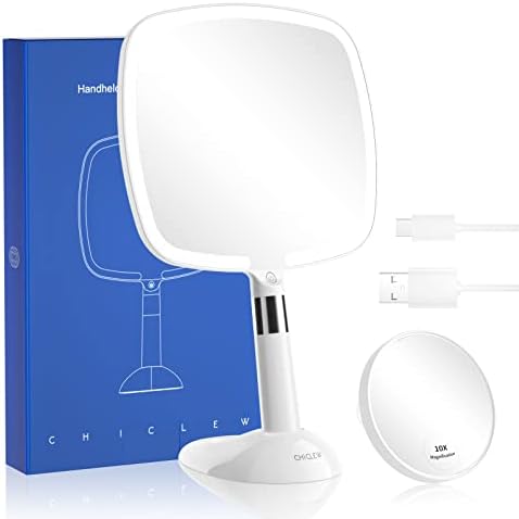 Espelho de maquiagem Chiclew® com luzes, ampliação 1x/10x 60 Recarregável LED 2 em 1 manutenção de mão e espelhos