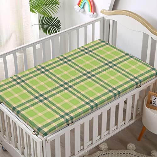Folhas de mini-berço com tema xadrez, lençóis portáteis de mini berços de berço lençóis de colchão de cama de menino ou garotas ou berçário, 24 “x38”, verde bege verde verde