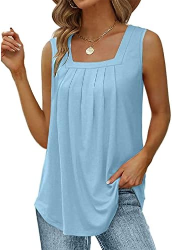 Lcepcy Women Square Neck Blouse plissout Summer Summer Casual Mleeseless Solid Color Basic Loose Tunic Top