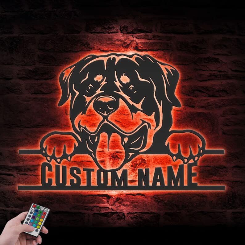Digamos que você faça arte personalizada Rottweiler Metal Wall Art LED Light Light Personalized Dog Nome Sign Decor Home Crianças Presente