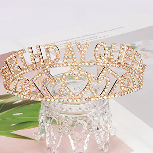 Aprie aniversário tiara for Women Gold AB Birthday Queen Band Head Birthday Tiara and Crown for Women Rhinestone Crystal Decor