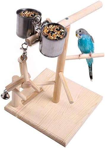 Litewoo Bird Table Perch Stand Playpen Wood Parrot Playground Training Playgym com copos de alimentação