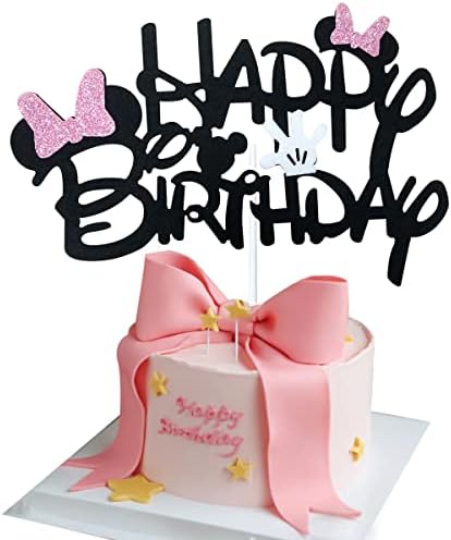 Black Glitter Mouse Inspirado Bolo de Feliz Aniversário Topper com arcos rosa e luvas brancas Decorações de festa de aniversário