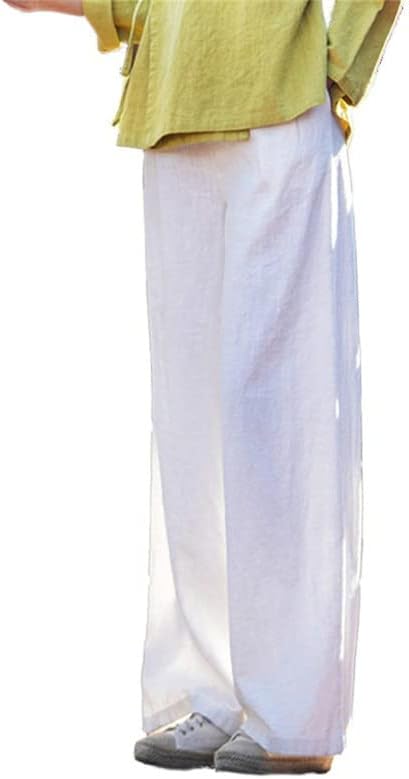 Xangai história elástica feminina de cintura largura calças de salão de pernas largas Palazzo linho de algodão casual com bolsos