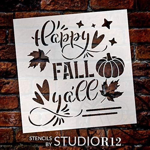 Happy Fall Yall estêncil por Studior12 | DIY Autumn Farmhouse Home Decor | Craft & Paint Wood Sign | Modelo Mylar reutilizável | Folhas Script cursivo de abóbora do coração | Selecione o tamanho
