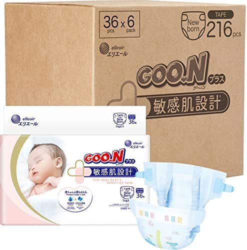 Goo.n mais+ fraldas recém-nascidas/tamanho XS unissex [6-Pack] 216 Count Tapes Straps Skin, fabricado no Japão