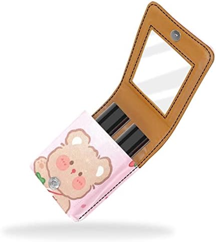 Bolsa de batom de batom de maquiagem de oryuekan com espelho portátil de armazenamento portátil de armazenamento de armazenamento de armazenamento de lábios, cartoon animal morango rosa adorável