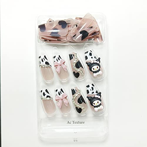 24 PCs fofos impressos extra longos no caixão de unhas com padrão de vaca e coração preto, desenho animado kawaii animal rosa falsa