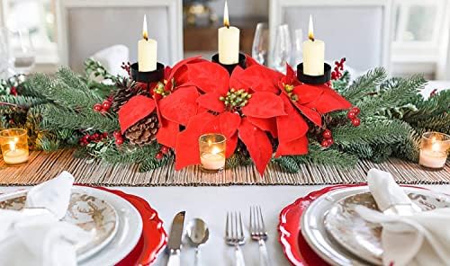 LvyDec Christmas Veller Titular Peda central - Poinsettia Poinsettia Artificial Piede central da mesa de baga vermelha com 3 citadores de velas para decoração de festivais