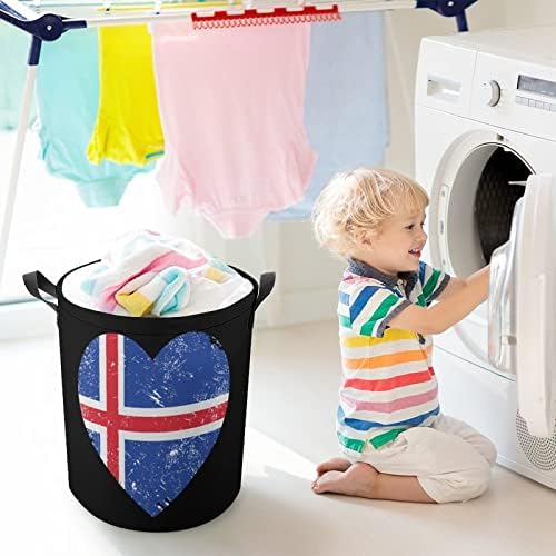 Islândia Heart Bandeira retro redonda Saco de lavanderia cesto de armazenamento à prova d'água com tampa de cordão e alça