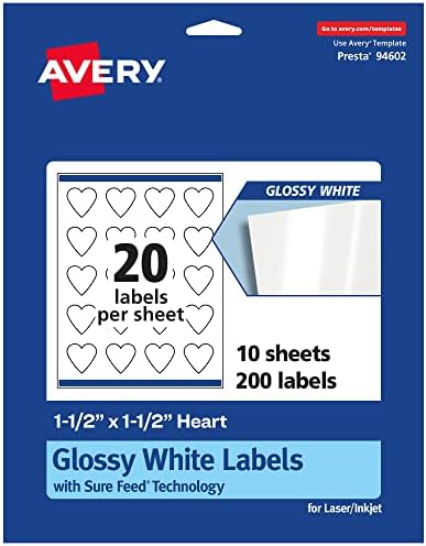 Avery Grossy White Heart Ritels com rótulos seguros, 1,5 x 1,5, 200 rótulos brancos brilhantes, impressão para a borda, adesivo de etiqueta permanente, etiquetas imprimíveis a laser/jato de tinta