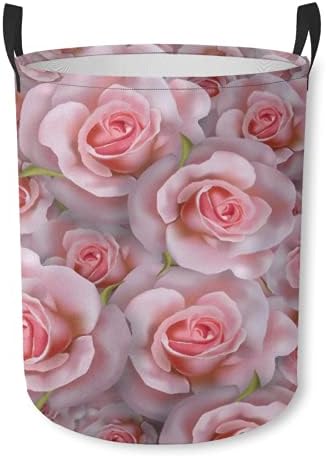 Cesto de armazenamento, belo fundo romântico com rosas rosa realistas, cesto de lavanderia grande dobrável com alças para o escritório