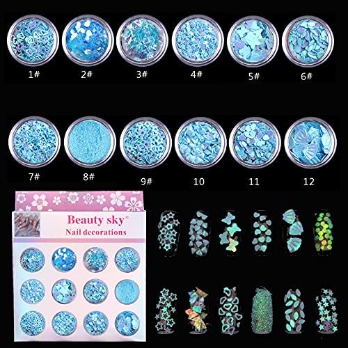 12 estilos lantejoulas de glitter de unhas, decorações holográficas de unhas 3D holográficas, suprimentos de artesanato de diy acrílico