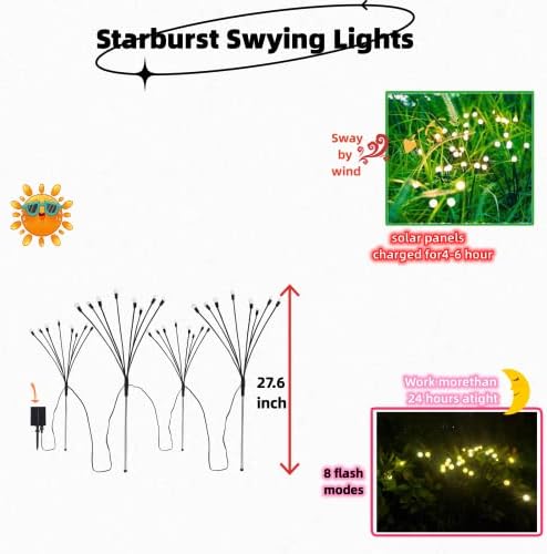 Acajoe Firefly Lights Solar Outdoor 4 Pack 8 Modos de iluminação Luzes de jardim de Starburst Swaying com controle remoto para Patio