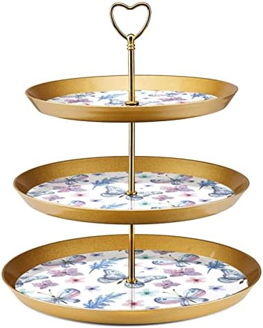 3 Placa de fruta de cupcakes de 3 camadas de sobremesa Plástico para servir suporte de exibição para casamento de aniversário Decorações de chá de chá de chá de bebê redondo, flores de aquarela borboletas