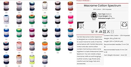 YARN ART YARNART MACRAME CORDOL Spectrum MacramM Cord 8,80 oz, 246,06 jardas 80% Macramamento de algodão Macrame multicolor