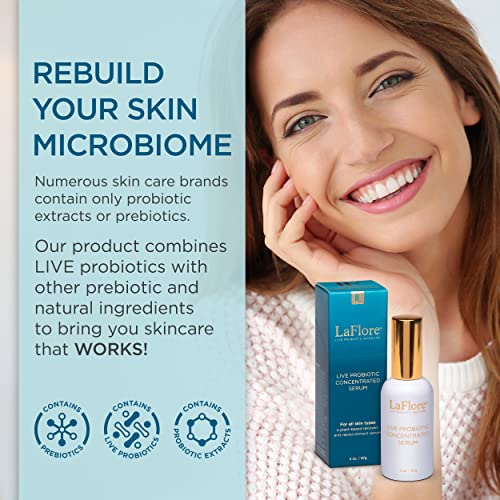LAFLORE Live Probiótico Concentrado Serum - Serum repleto de energia para a pele mais brilhante e apertada - enriquecida com probióticos vivos + vitaminas calmantes, minerais e peptídeos - vegano, livre de crueldade, para todos os tipos de pele
