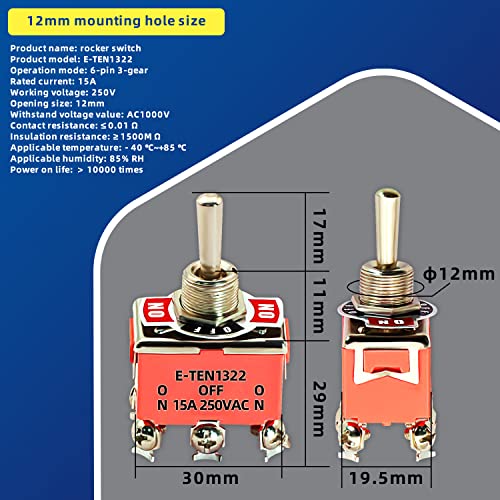 Interruptor de alternância dafurui dpdt, 10pack 3 posição 6 pino interruptor de alternância de metal on-off-on 15a 250V