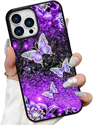 LSL para iPhone 14 Pro Max Case com protetor de tela [Compatível com Magsafe] Purple Butterfly Magnetic Case TPU Soft
