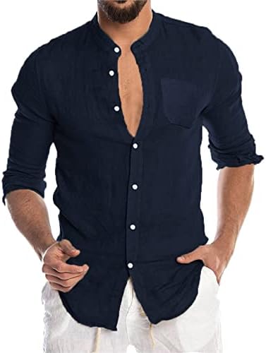 Camisas de linho de algodão ZDDO para masculino, Summer outono de manga comprida botão para baixo camisa de praia casual sem colarinho