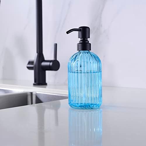 Distribuidor de sabão de vidro Leetcp com bomba de aço inoxidável à prova de ferrugem, dispensador de sabão de mão recarregável para cozinha e banheiro, sabonete de banheiro premium de 16 oz com faixa vertical, azul+preto