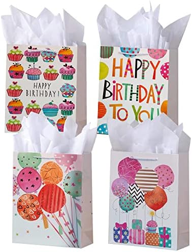 Shipkey 12 Pack Birthday Gift Sacols, Bolsas de aniversário de 13 ”grandes em massa com 4 projetos variados, sacolas de presente de aniversário para crianças, aniversários e festas de aniversário