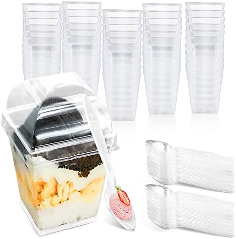 Mwellewm 50 pacotes de 5 oz xícaras de sobremesa com tampas e colheres, mini copos de parfait de plástico transparente para festa,