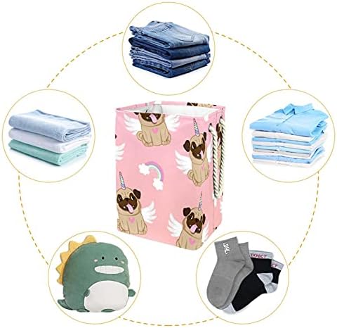 Cão de pug fofo arco -íris rosa filhote de cachorro grande cesto de lavanderia com maçaneta de transporte fácil, cesta de