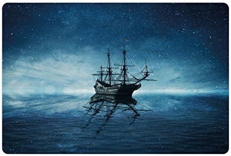 Tapete de estimação do oceano lunarável para comida e água, navio pirata fantasma em escuro Sewith Starry Night Skynd Water Reflection,