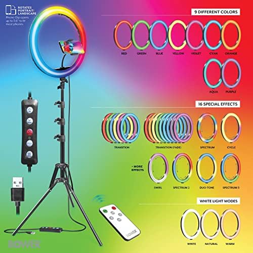 Bower wa-rlsrgb16 RGB Selfie Ring Light Studio Kit com controle remoto sem fio e tripé, preto