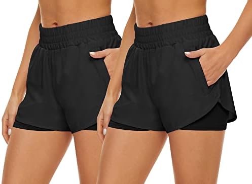 HKJIEVSHOP 2 Pacote de shorts atléticos para mulheres, shorts de corrida rápida seca com bolsos de ginástica de cintura alta shorts
