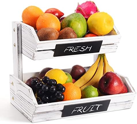 Suporte de cesta de frutas, suporte de fruta de madeira de 2 camadas com quadros de giz, tigela de frutas brancas