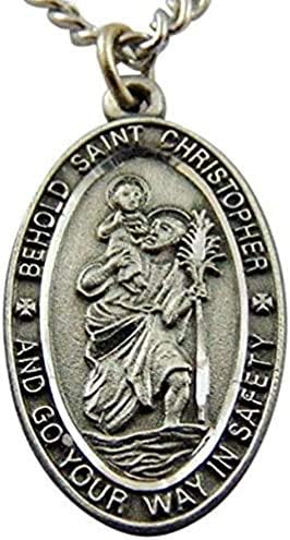São Christopher Pewter Medal em uma corrente de aço inoxidável com um conjunto de caixas de presente de cartão sagrado