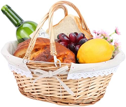 Cesta de piquenique de palha, cesta de vime natural com alças duplas e forro de pano para armazenamento de frutas em contêineres