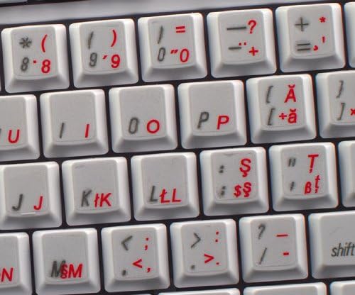 Layout de etiquetas de teclado romeno do 4Keyboard com um fundo transparente de letras vermelhas para desktop, laptop e caderno